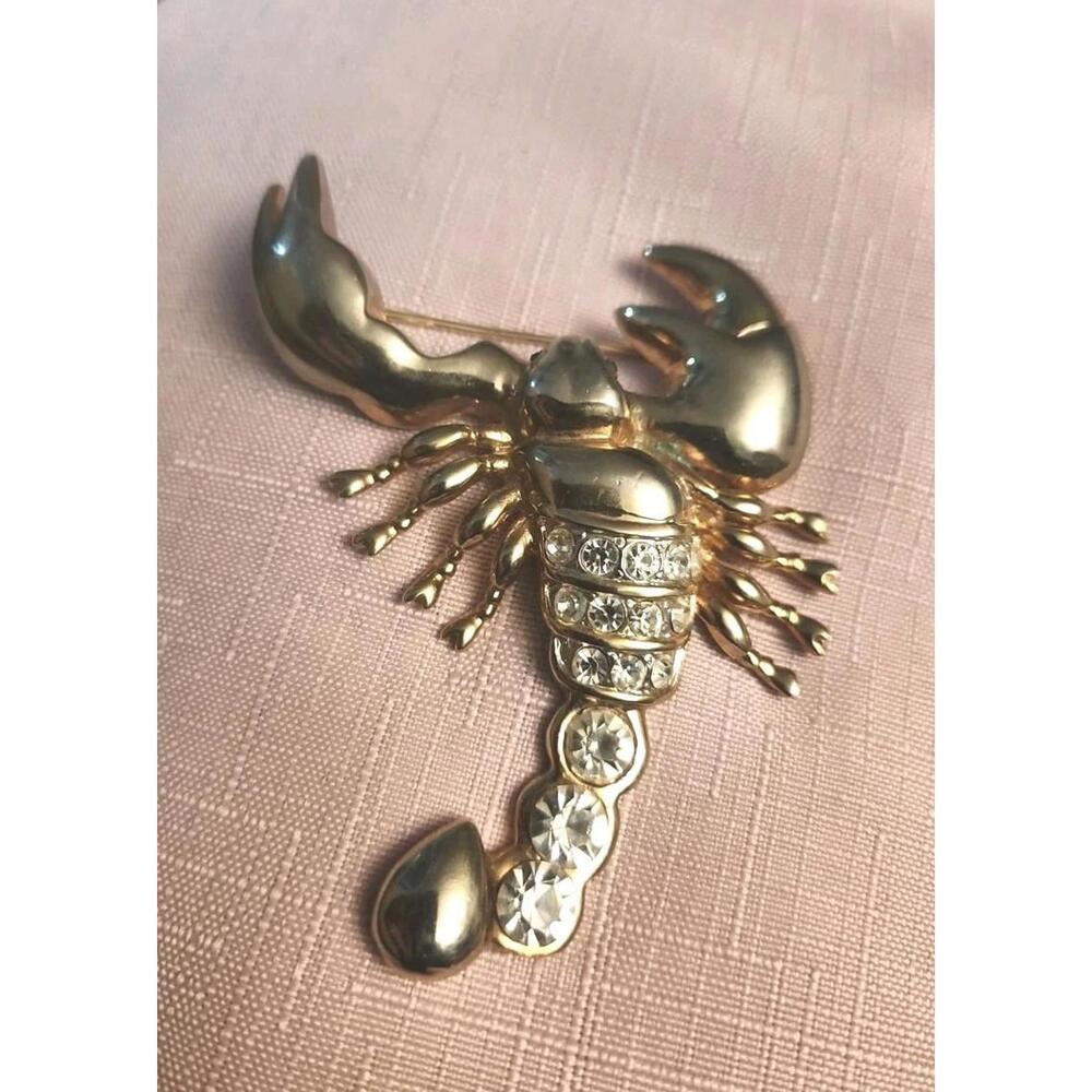 Large Vintage Lobster Rhinestone Figural Brooch Pin